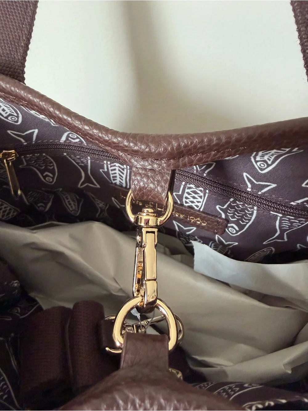 brown sardine fish Embroidered tote bag with charm